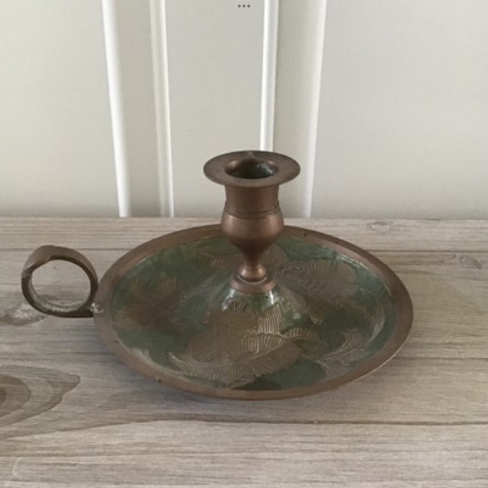 Vintage India Brass Candle Stick Green Bronze Candle Holder Candlestick Handle
